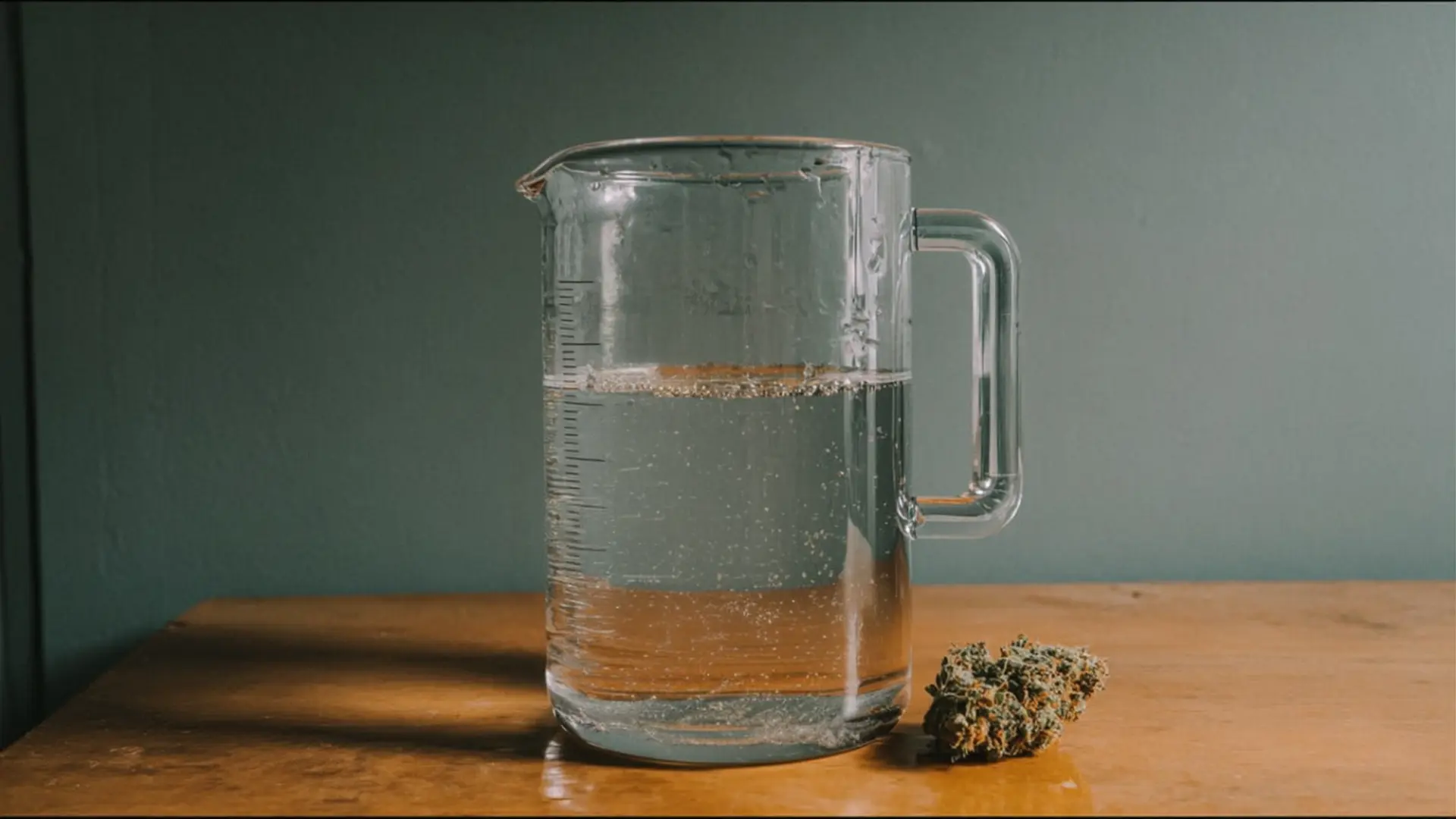 A glass pitcher filled with water sits on a wooden surface next to a small bundle of dried herbs, against a muted green background.