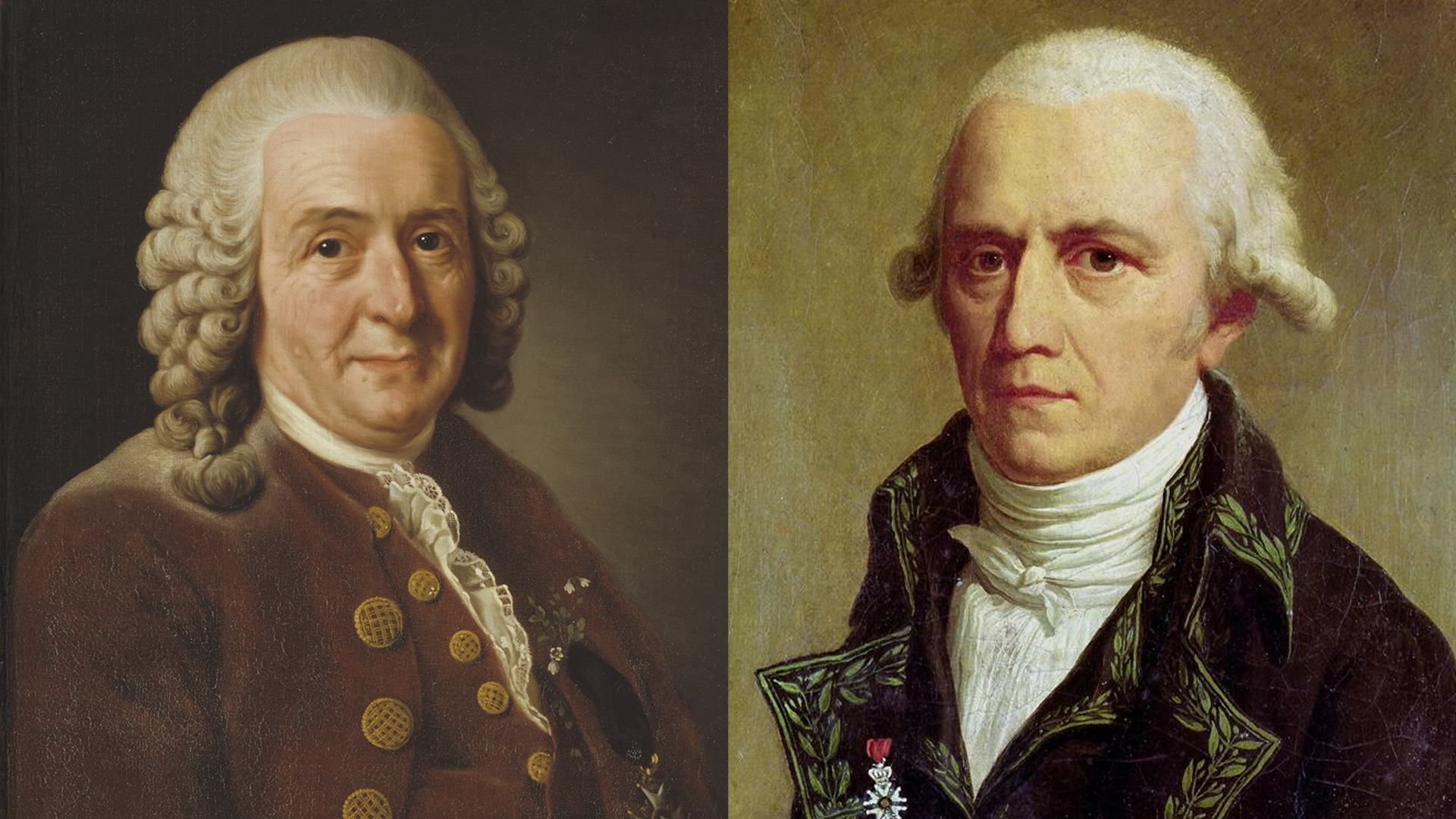 Two historical portraits: left, a man in a brown coat with curled hair; right, a man in a dark embroidered coat with white hair.