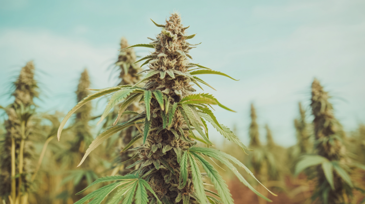 A cannabis plant growing outdoors in perfect conditions—plenty of sunlight, appropriate temperatures, and good airflow, contributing to strong, healthy growth.
