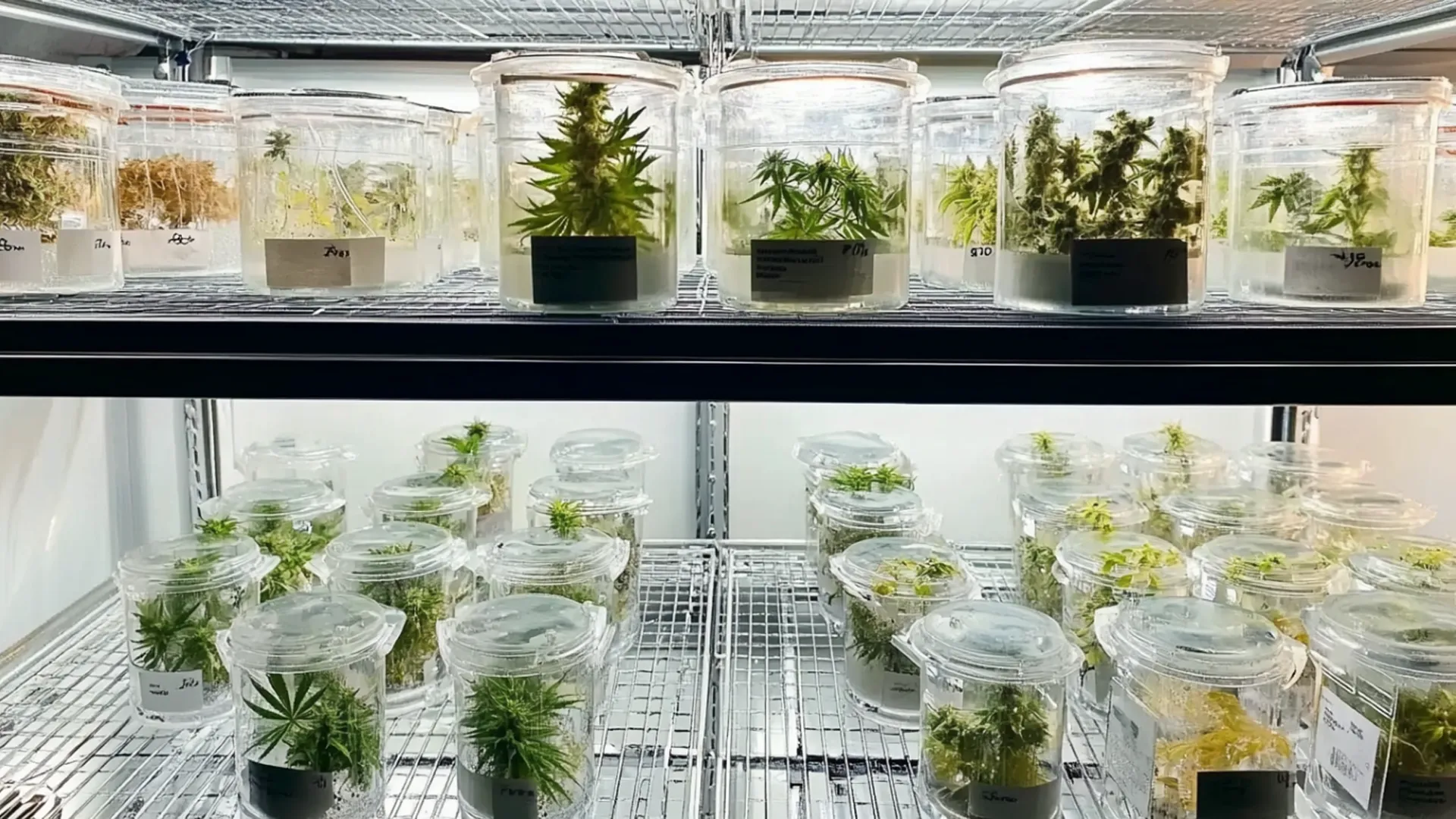 Shelves with clear containers holding small cannabis plants in a laboratory setting, illuminated by bright lights.