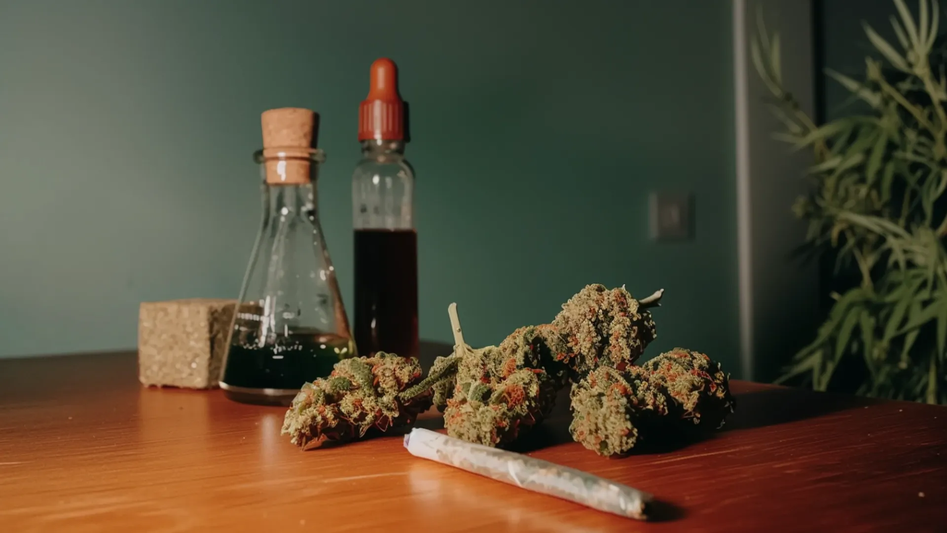 Cannabis buds and a rolled joint on a wooden table, with a corked bottle and a dropper bottle in the background.