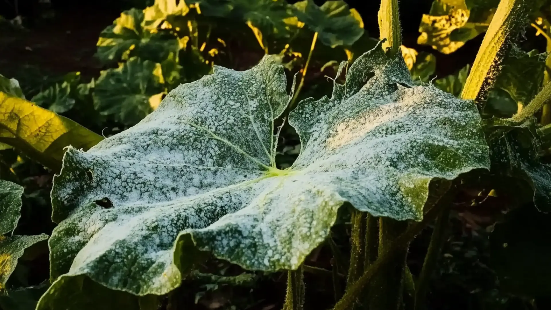 Close-up of a large, textured leaf with a dusting of white powder, surrounded by lush green foliage in warm sunlight.
