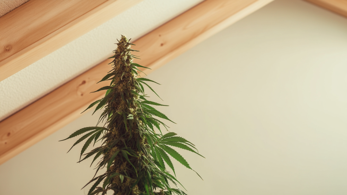 A spacious attic where cannabis plants are growing, with careful lighting and temperature management to ensure healthy development in this unconventional cultivation space.
