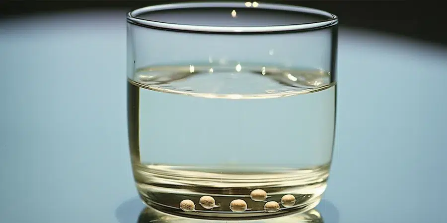A glass of water with cannabis seeds floating, ready to begin germinating by soaking overnight for better sprouting.