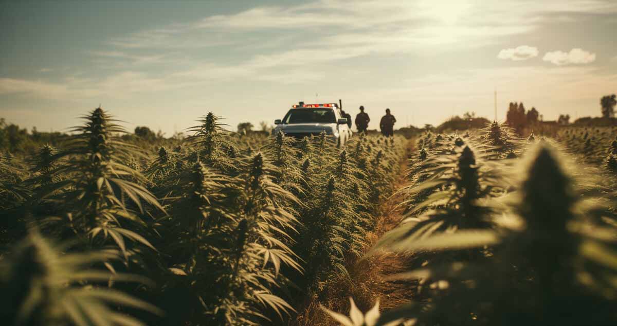 A secure marijuana grow setup with fencing, motion sensors, and lighting to protect the plants from theft or unauthorized access.
