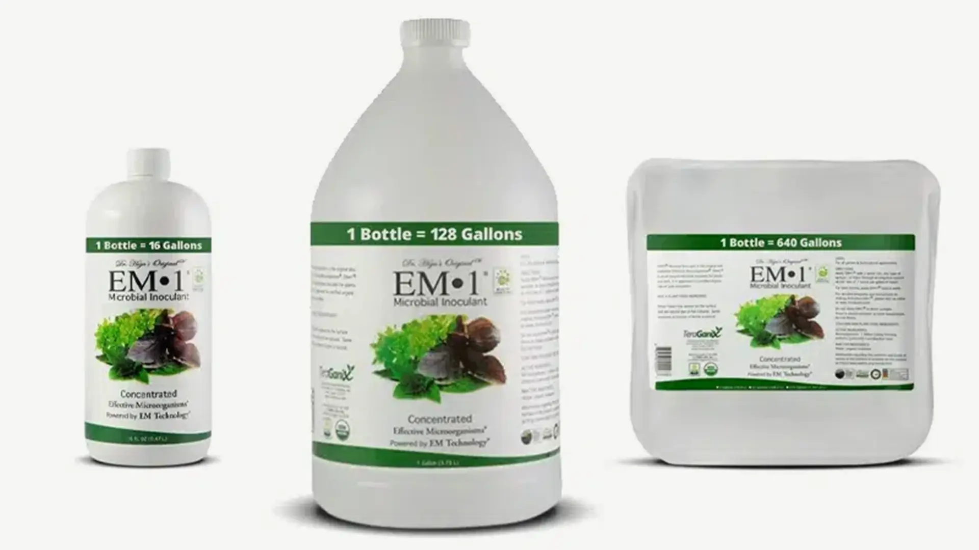 Three bottles of EM-1 Microbial Inoculant in various sizes, featuring green labels with text and images of leaves and vegetables.
