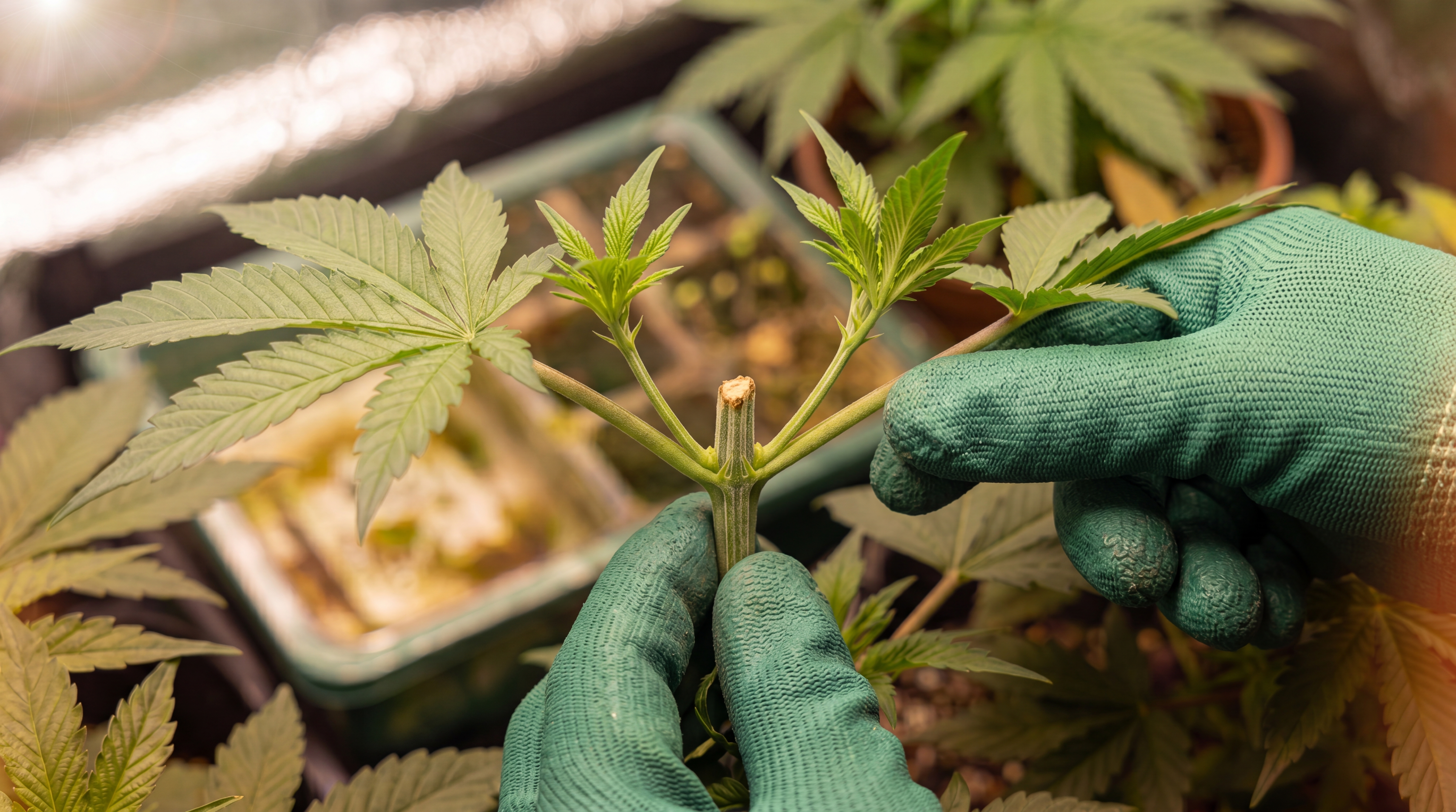 A cannabis plant with its top cut off, showing the topping technique.