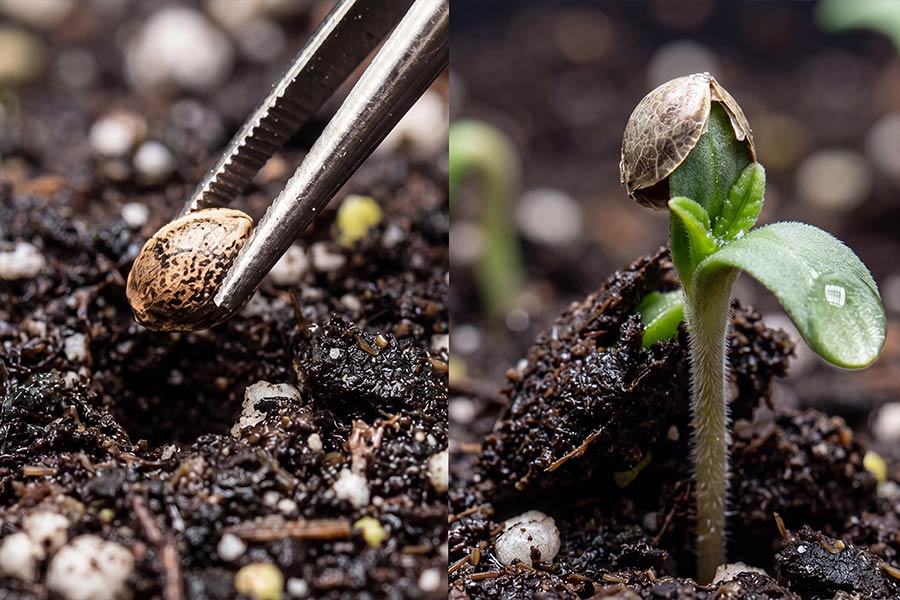 Cannabis seedling with seed leaves pushing through dark soil surface after direct soil germination