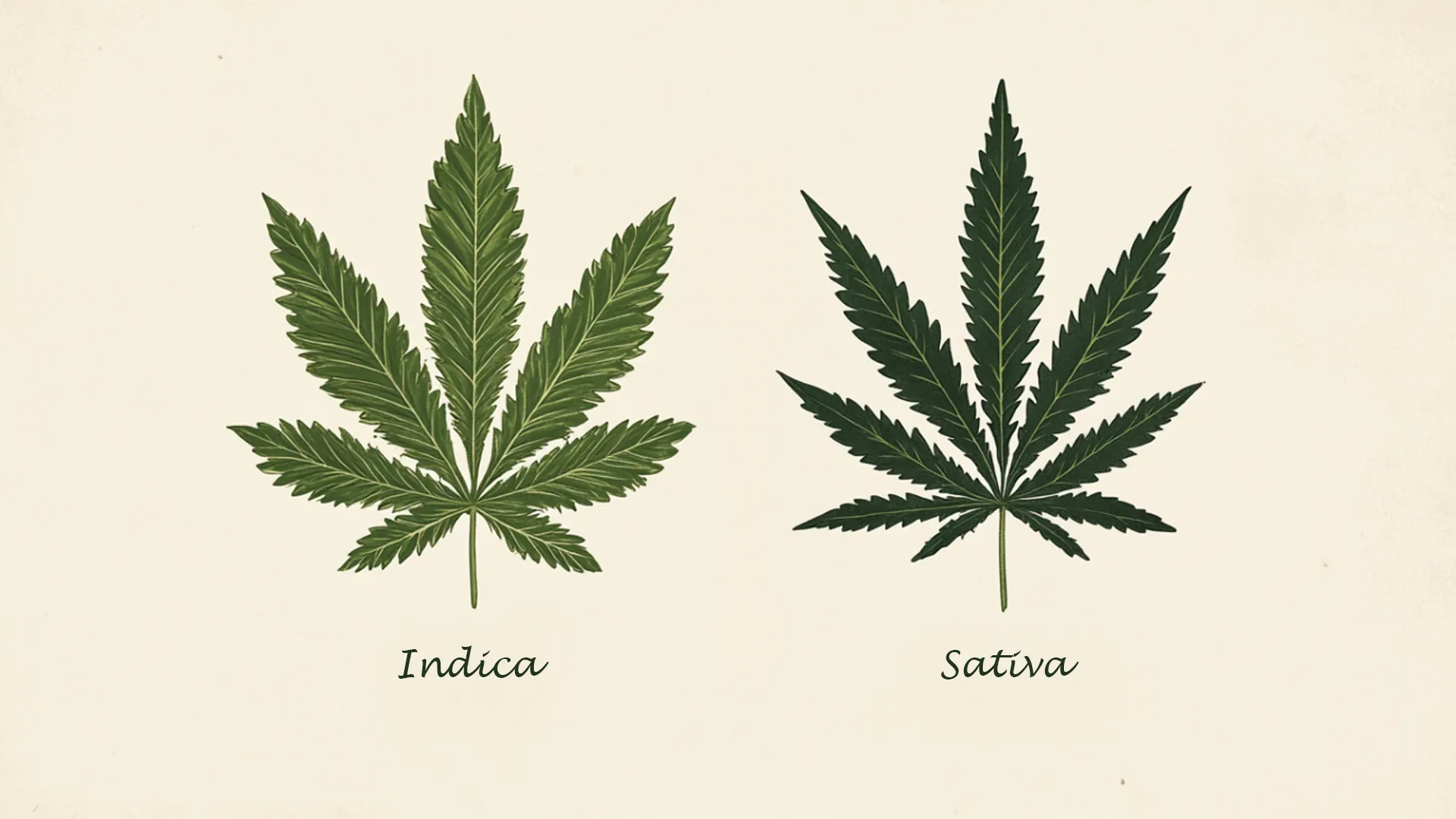 Illustration of two cannabis leaves: Indica on the left with broader leaves, and Sativa on the right with narrower leaves.