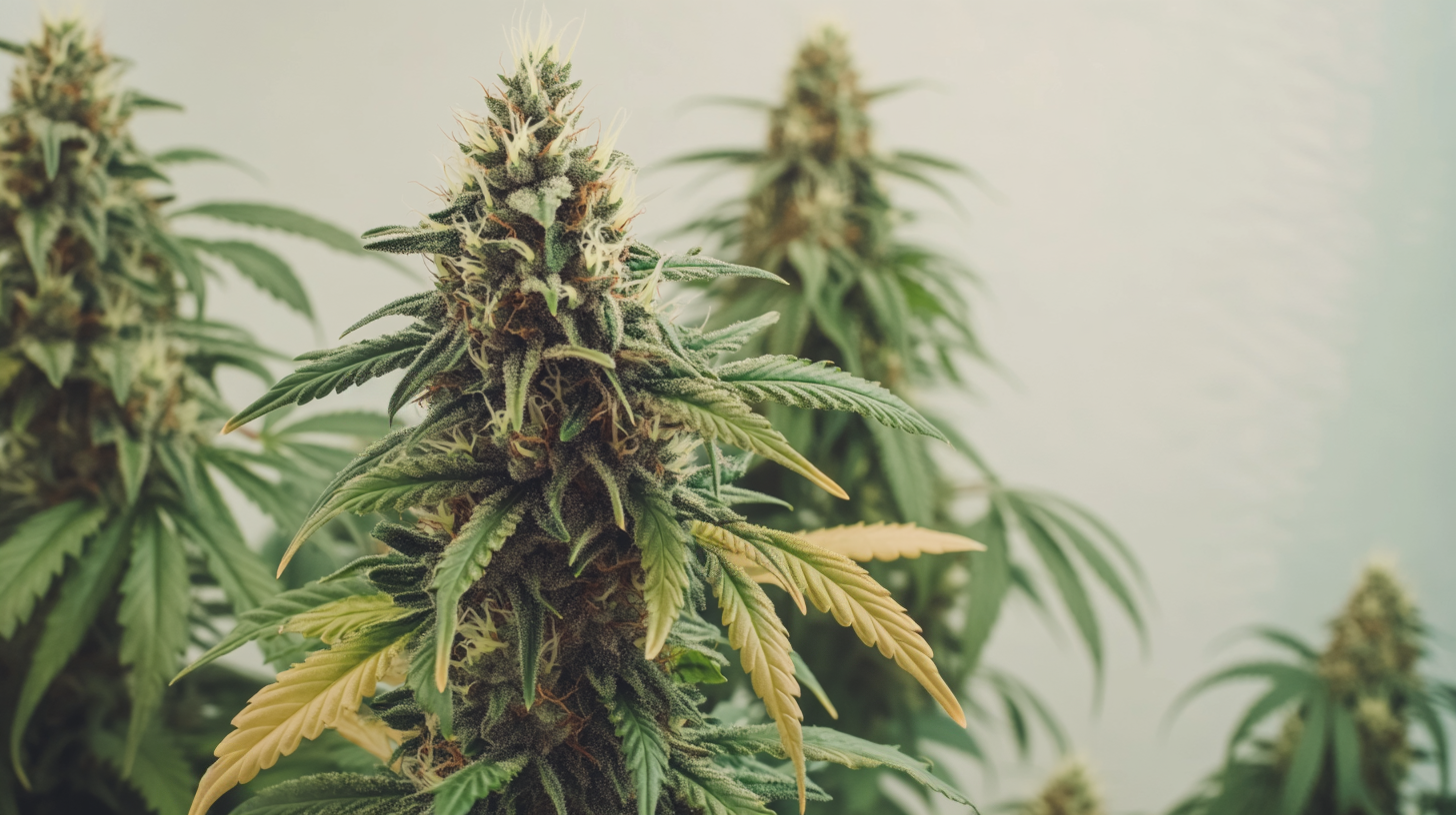 A healthy cannabis plant with a few yellowing leaves, which could suggest nutrient imbalances or environmental factors that need addressing.