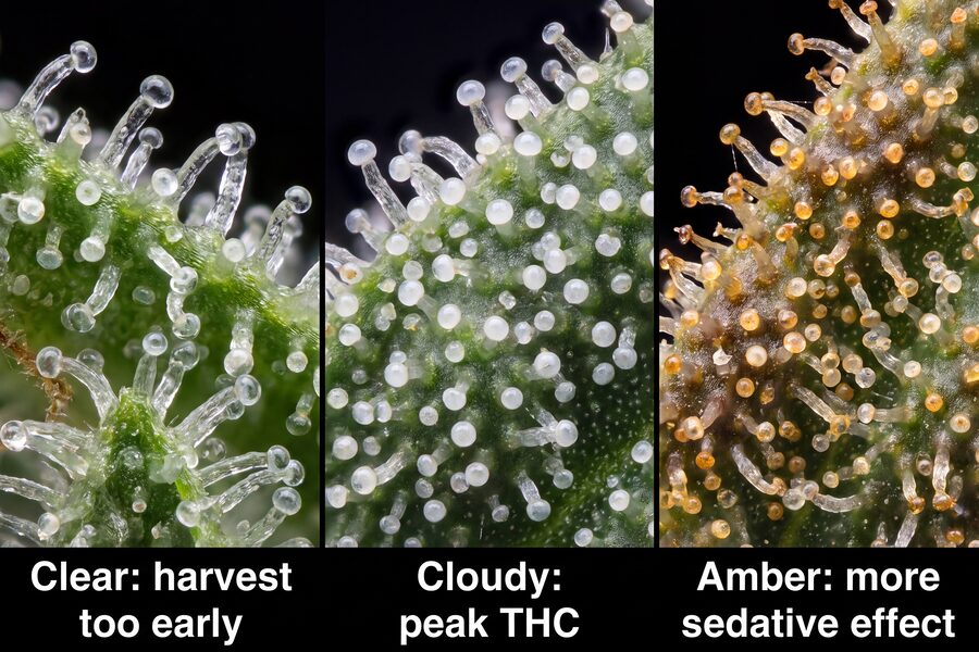 Autoflower trichome comparison showing clear, cloudy and amber stages side by side