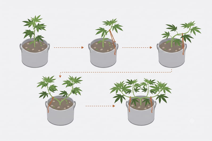 Cannabis plants growing in pots, with their main stems gently tied down to guide the branches outward.