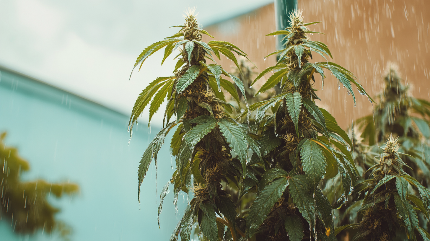A close-up of a cannabis cola being affected by heavy rain, with the buds drooping from the weight of the moisture, potentially risking mold or bud rot.