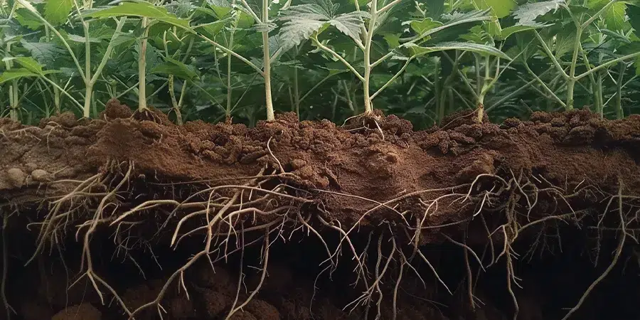 A detailed cross-section of young marijuana plant roots, showing a network of fine, healthy roots that support the plant's growth and nutrient absorption.