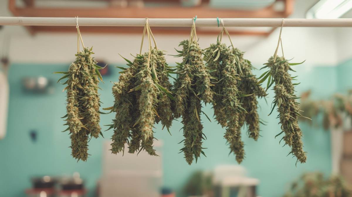 Cannabis branches hung upside down in a dark room, a drying technique used to maintain quality and prevent mold during the drying process.