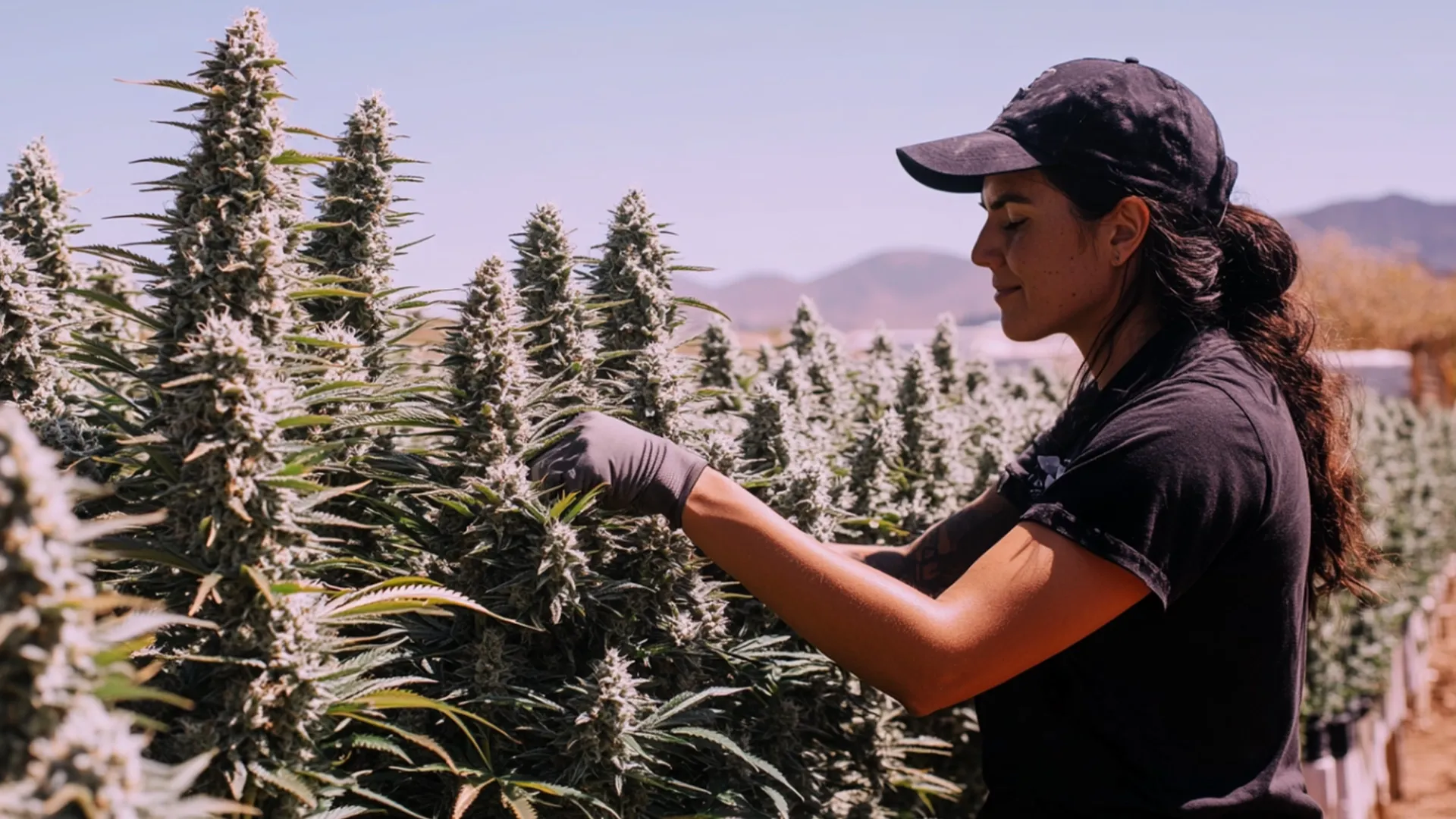 Person in a black cap and gloves tending to tall cannabis plants in a sunny outdoor field with mountains in the background.