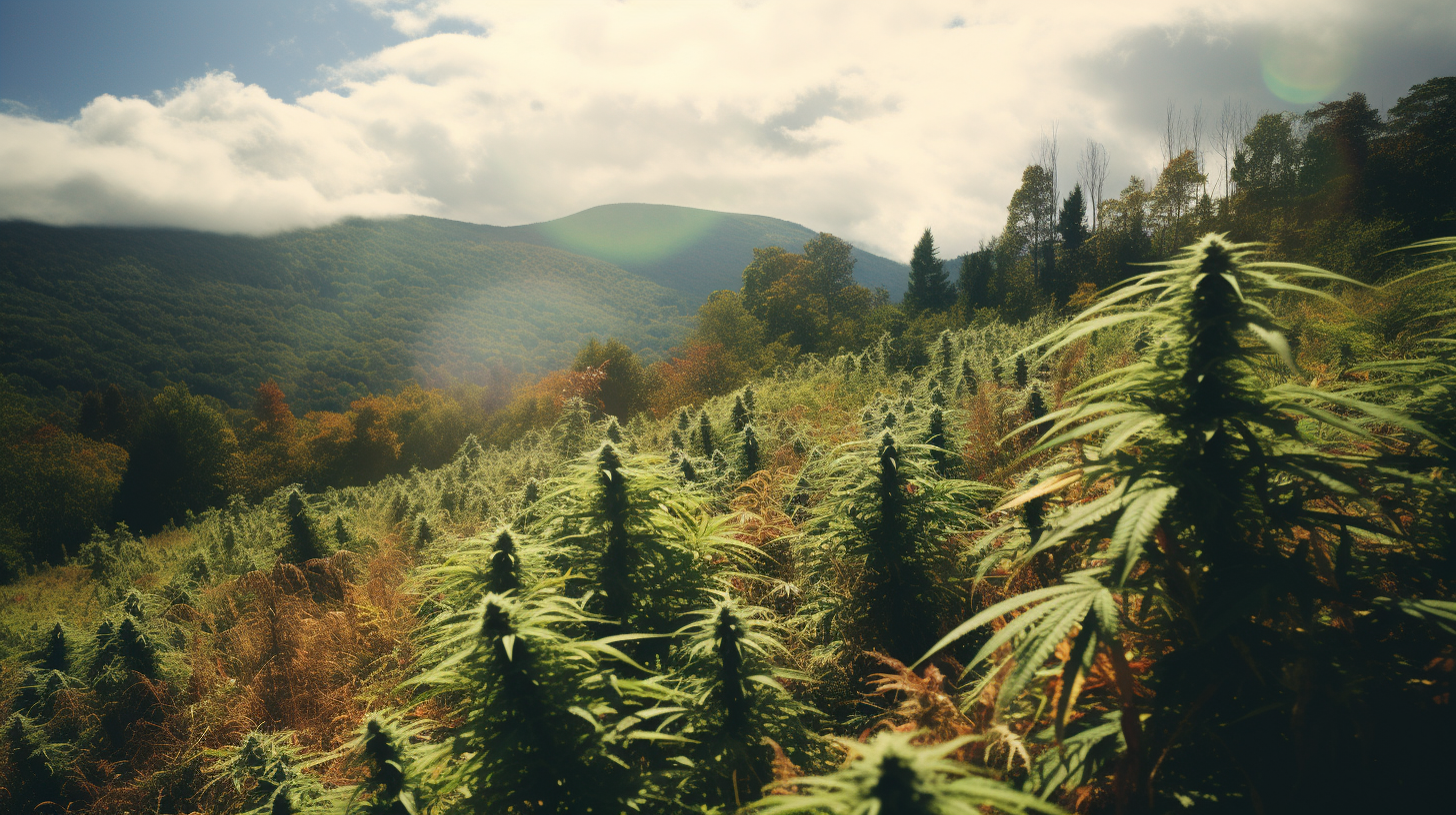 Cannabis plants of landrace strains growing naturally in a mountainous forest setting, with a lush green backdrop, highlighting the wild, resilient nature of these strains.
