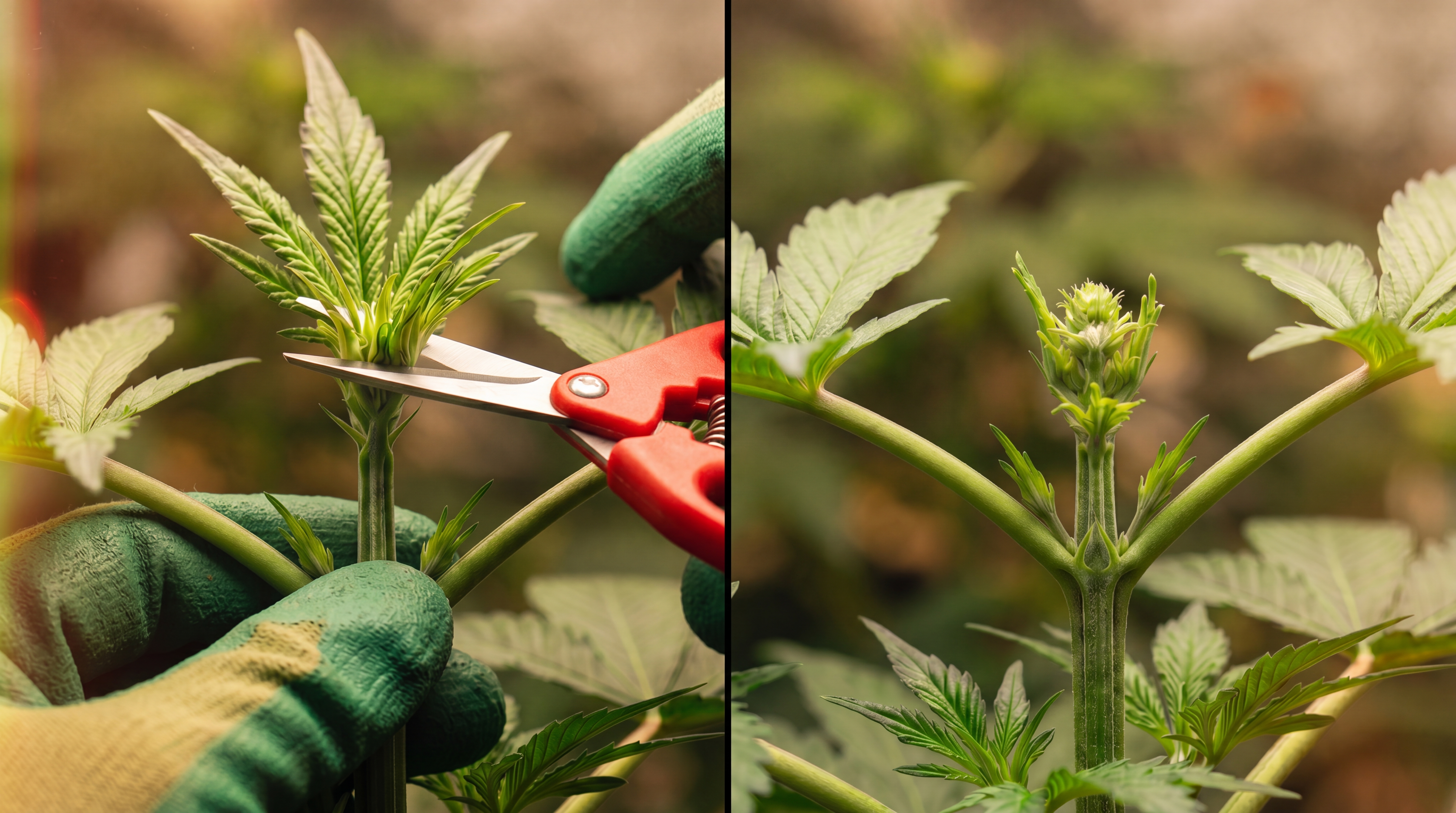 A side-by-side look at topping vs. fimming, showing how much of the plant’s top is cut in each method.
