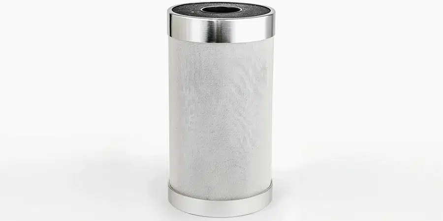 A carbon filter wrapped in a white protective sleeve, typically used in cannabis cultivation to filter out strong odors and maintain air quality in grow rooms or tents.