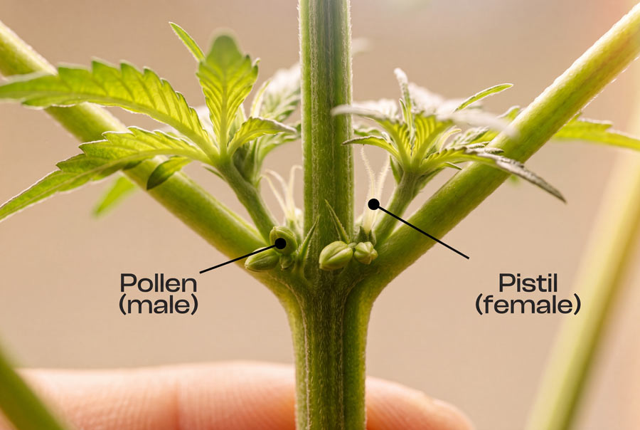 A true hermie cannabis plant showing both female pistils and male pollen sacs on the same branch.