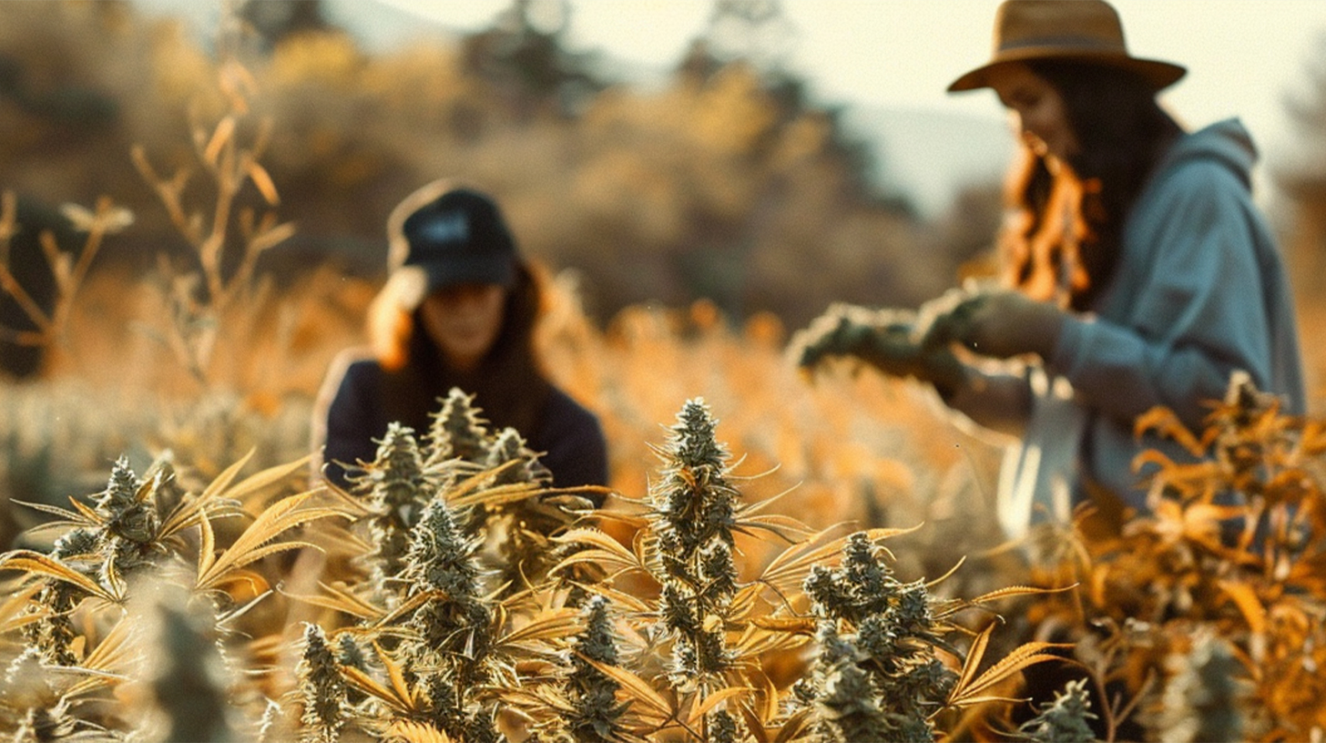 A cannabis farmer in a field, harvesting plants by cutting and collecting the mature cannabis buds.