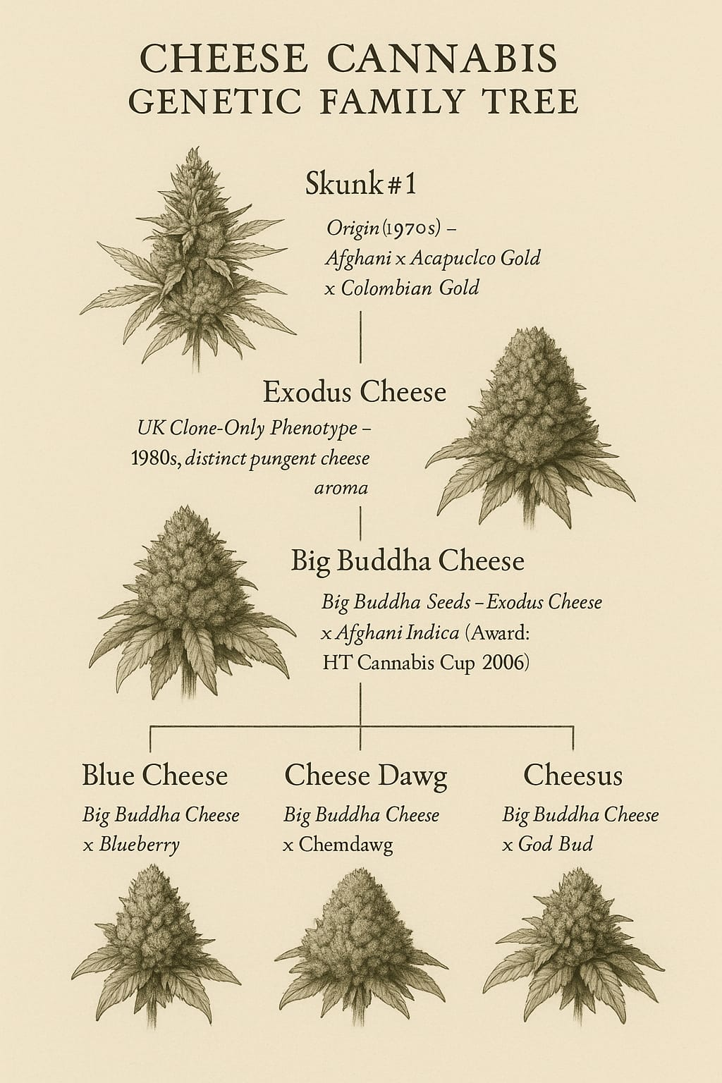 Illustrated genetic family tree of Cheese cannabis strains, showing lineage from Skunk #1 to Exodus Cheese, Big Buddha Cheese, and its descendants.