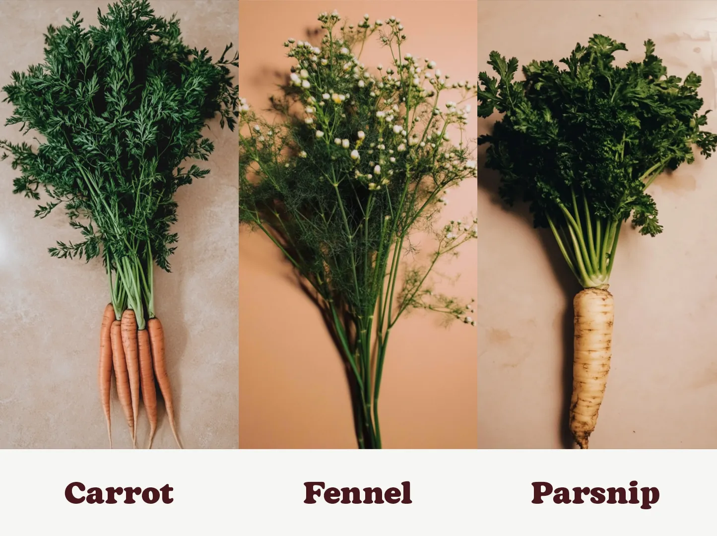 Three vegetables with greens: carrots, fennel with small white flowers, and a parsnip, each labeled below on a beige background.