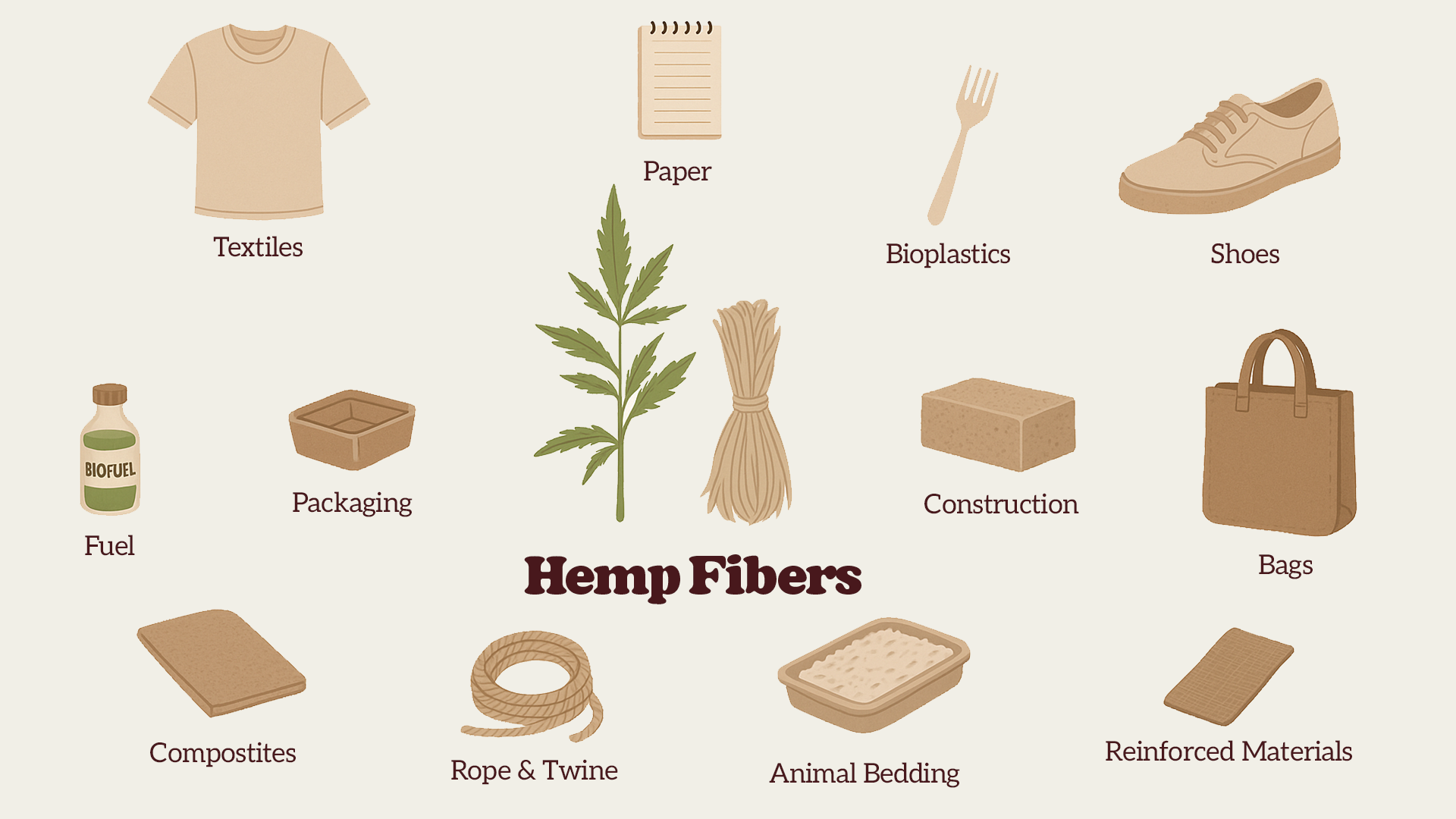 Illustration of various hemp fiber uses: textiles, paper, bioplastics, shoes, packaging, construction, bags, fuel, composites, rope, bedding.