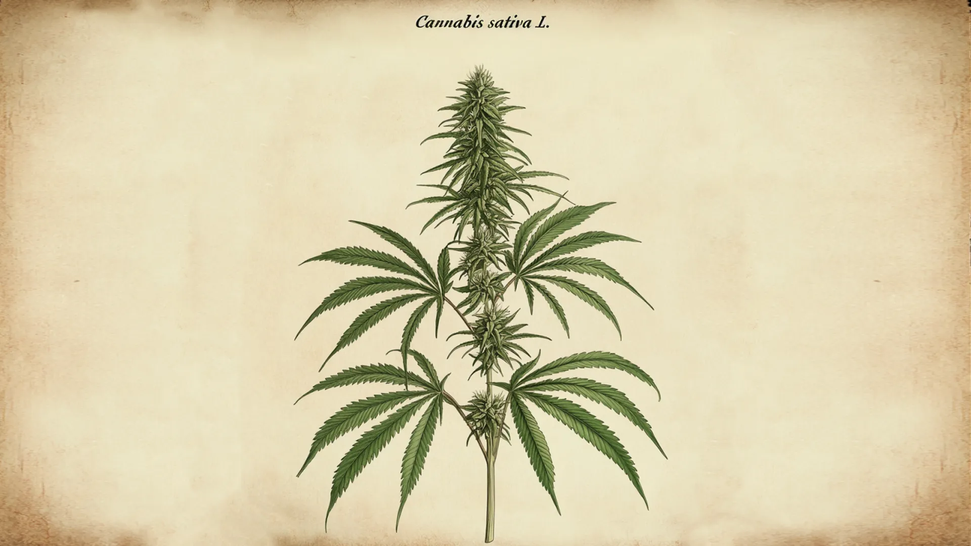 Illustration of a Cannabis sativa plant with distinct leaves and buds against a beige background, labeled "Cannabis sativa L." at the top.