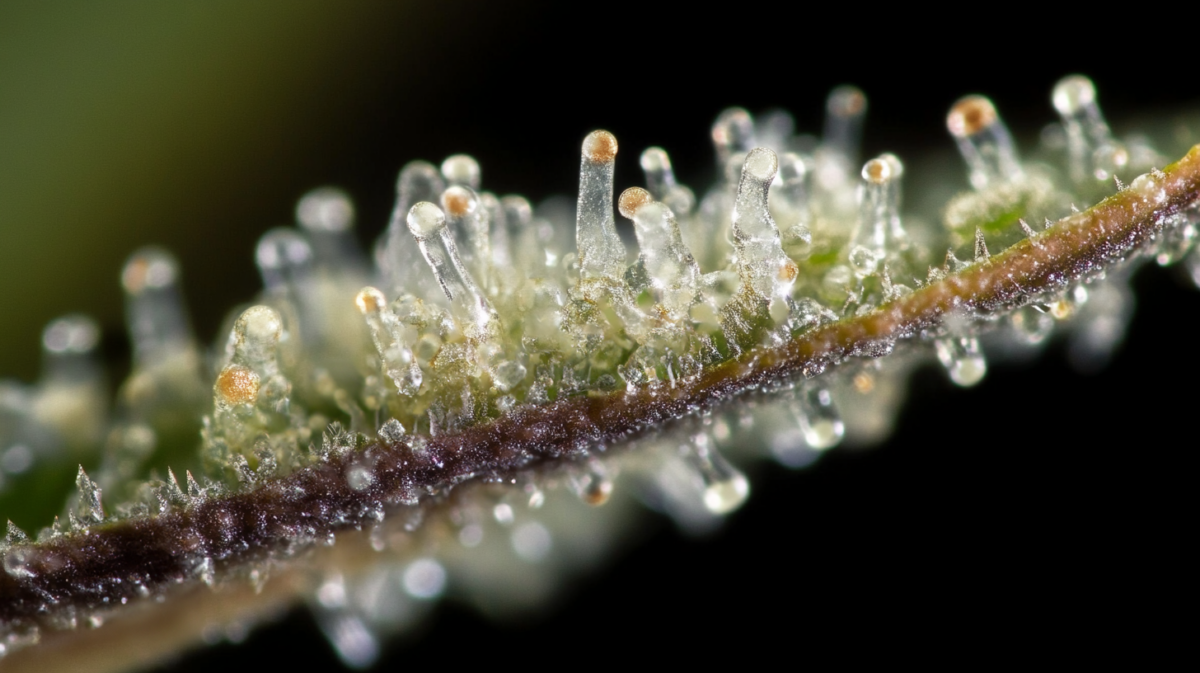 Amber trichomes on cannabis buds, indicating full ripeness and readiness for harvest to maximize potency.