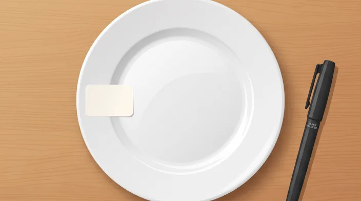 A white plate on a wooden table with a blank label and a pen beside it