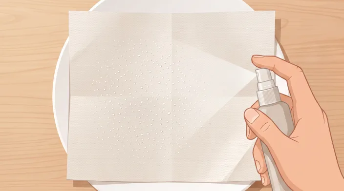 A hand misting water onto a sheet of paper towel laid out on a table