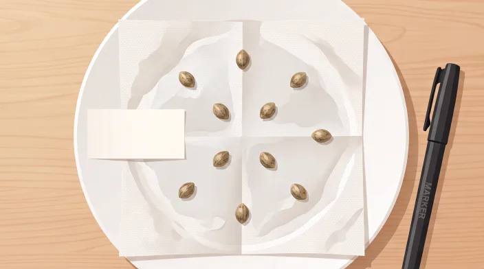 Cannabis seeds spaced evenly across a damp paper towel on a plate