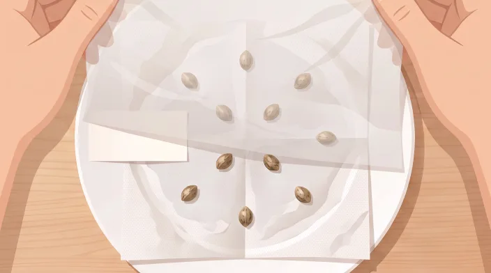 A second damp paper towel being laid over the spaced-out seeds