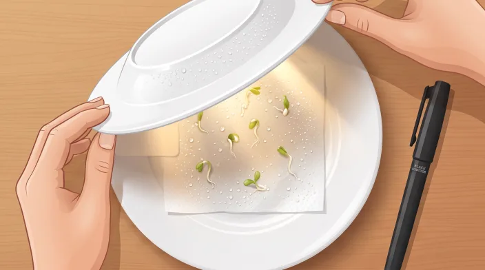 A hand lifting the top plate to check on the sprouting seeds underneath