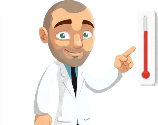 Robert pointing at a thermometer