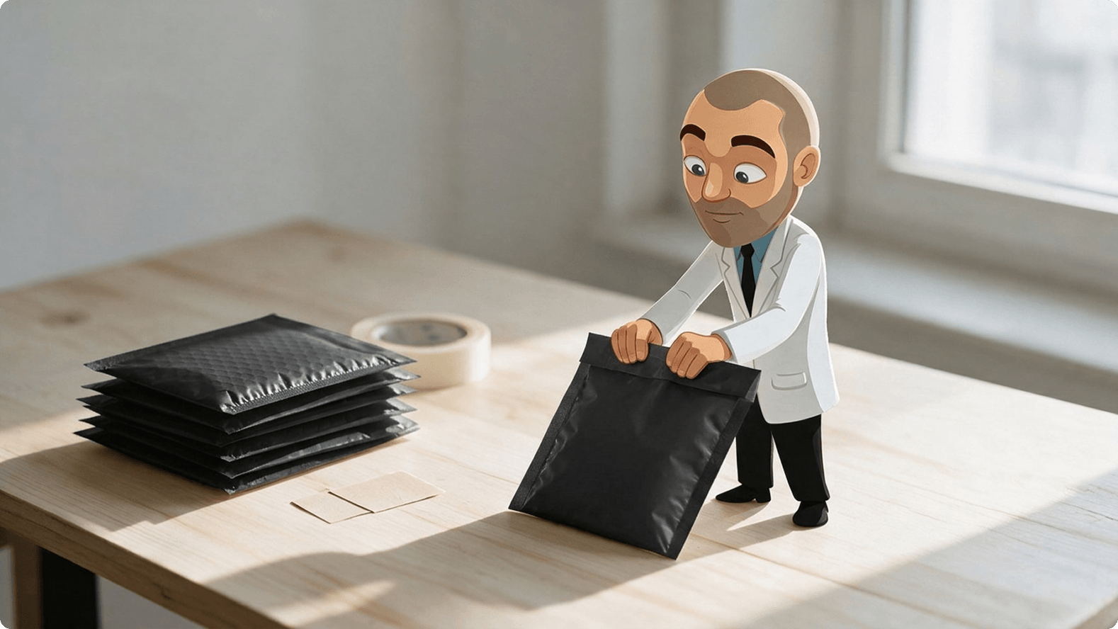 Black padded shipping envelopes being packed on a wooden table