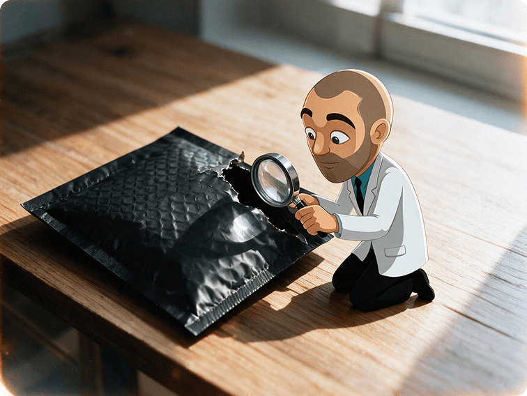 Inspecting a delivered package with a magnifying glass