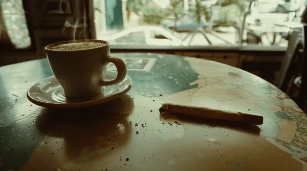 A marijuana joint and a cup of coffee on a dinner table