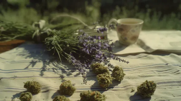 Cut lavender plants on a table besides marijuana buds